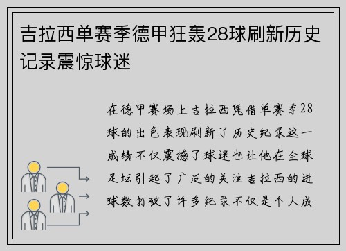 吉拉西单赛季德甲狂轰28球刷新历史记录震惊球迷 吉拉西单赛季德甲狂轰28球刷新历史记录震惊球迷